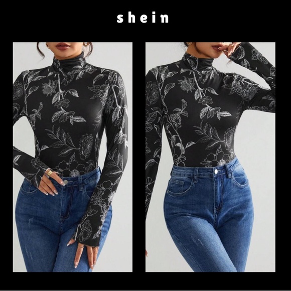 🍭 3/$15 DAZY black & white floral mock turtleneck - Picture 2 of 12